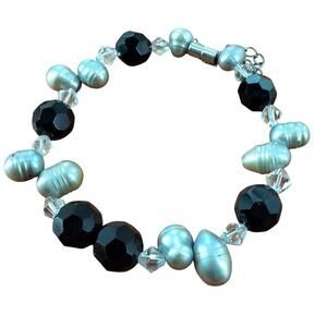 Grey Baroque Freshwater Pearl & Faceted Onyx Bracelet 7.5" Magnetic Clasp